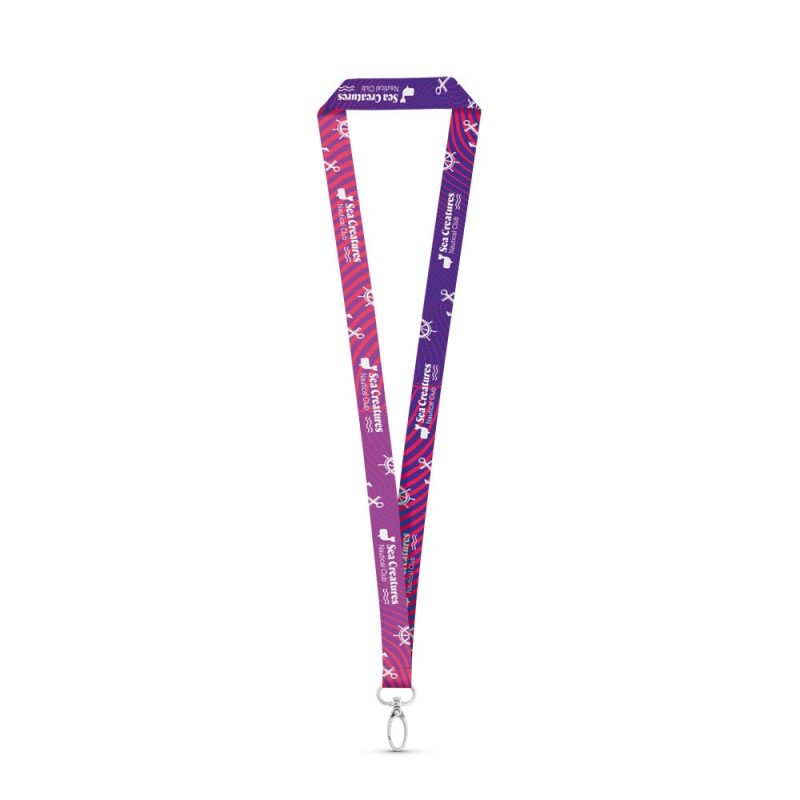 Purple and pink lanyard with sea creatures design.