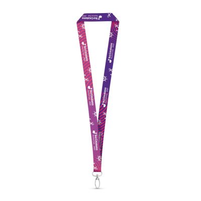 Colourful lanyard with sea-themed designs and text.