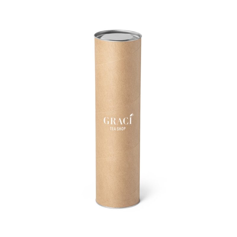 Brown cylindrical tea packaging with logo.