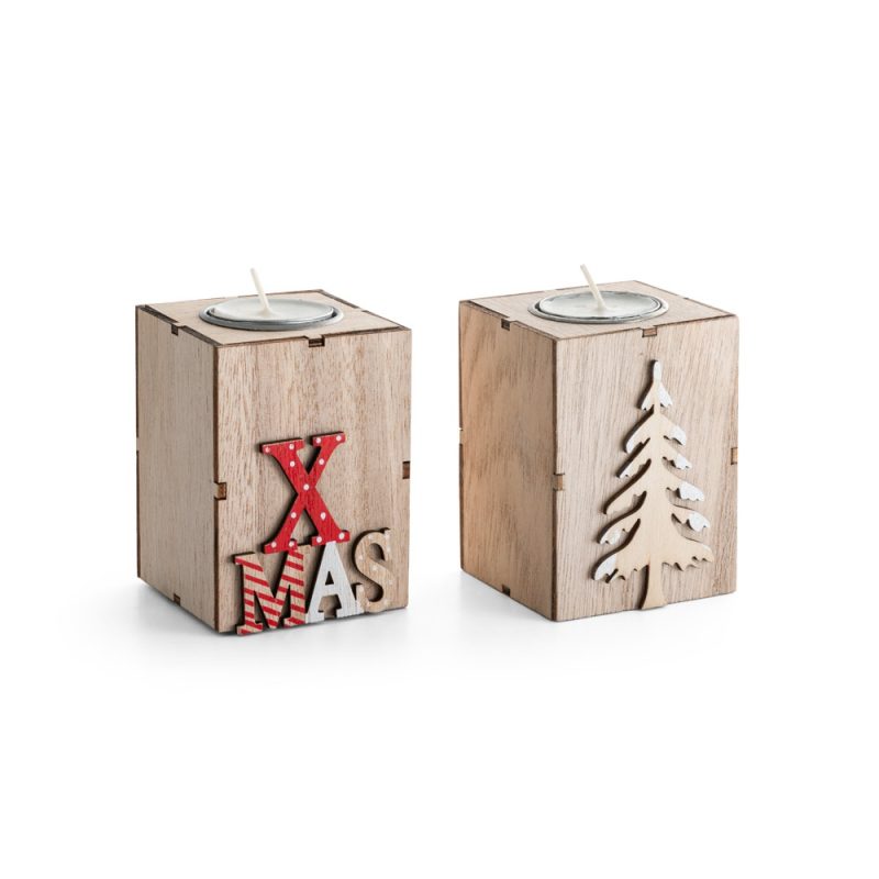 Wooden Christmas candle holders with festive designs.