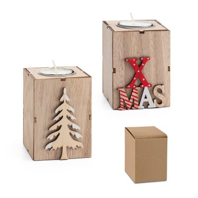 Wooden Christmas candle holders with decorative designs.