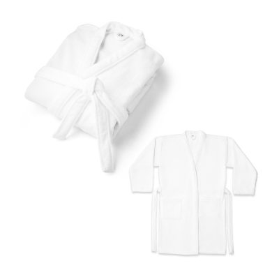 White cotton bathrobe, folded and unfolded view.