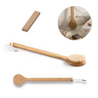 Eco-friendly bamboo bath brush with packaging.