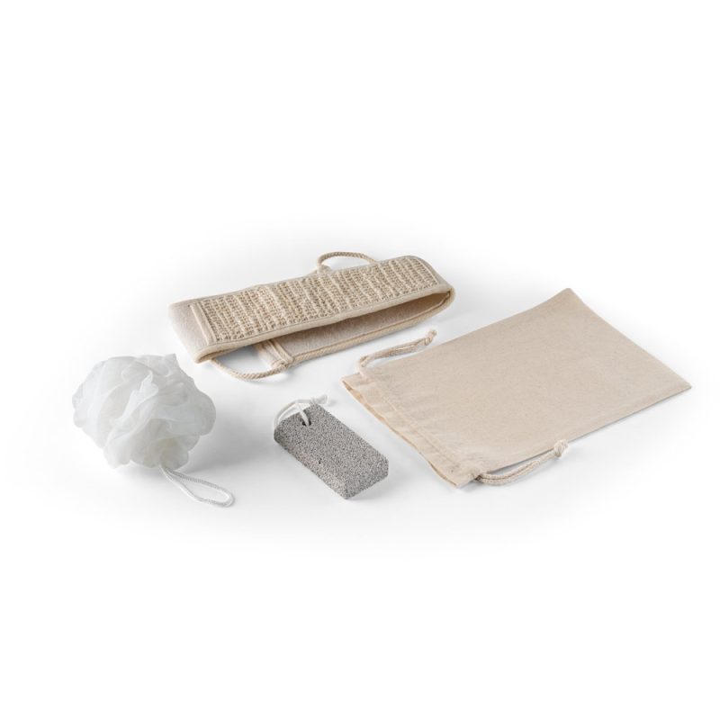 Natural bath set with loofah and pumice stone.