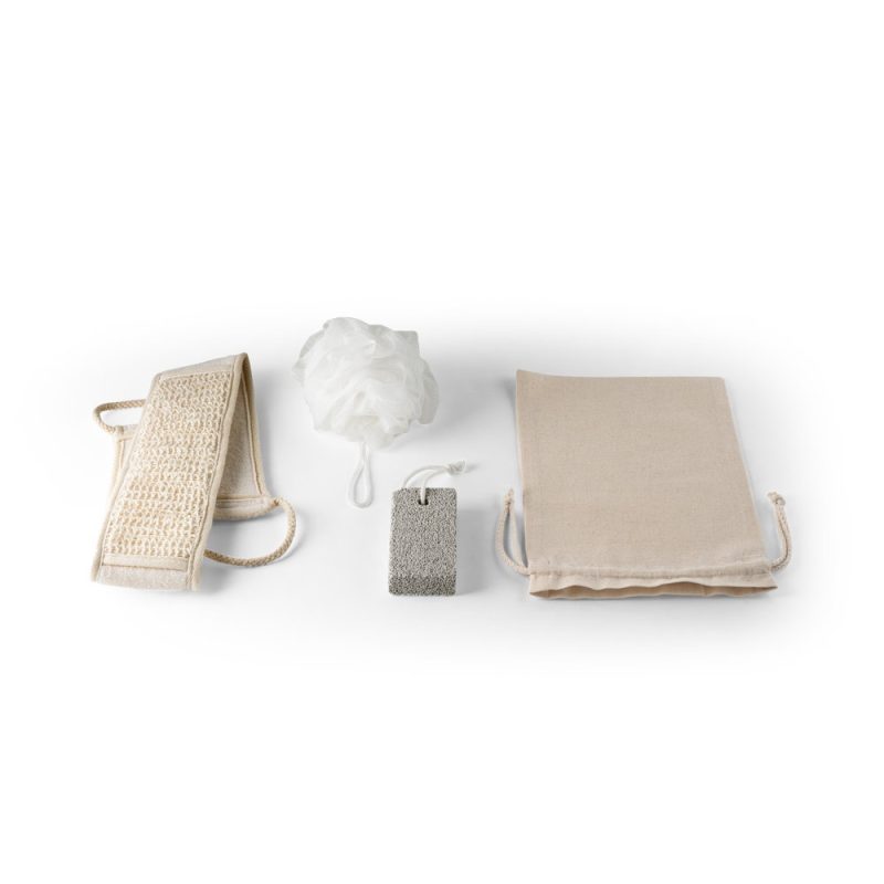Set of bath and spa accessories on white background.