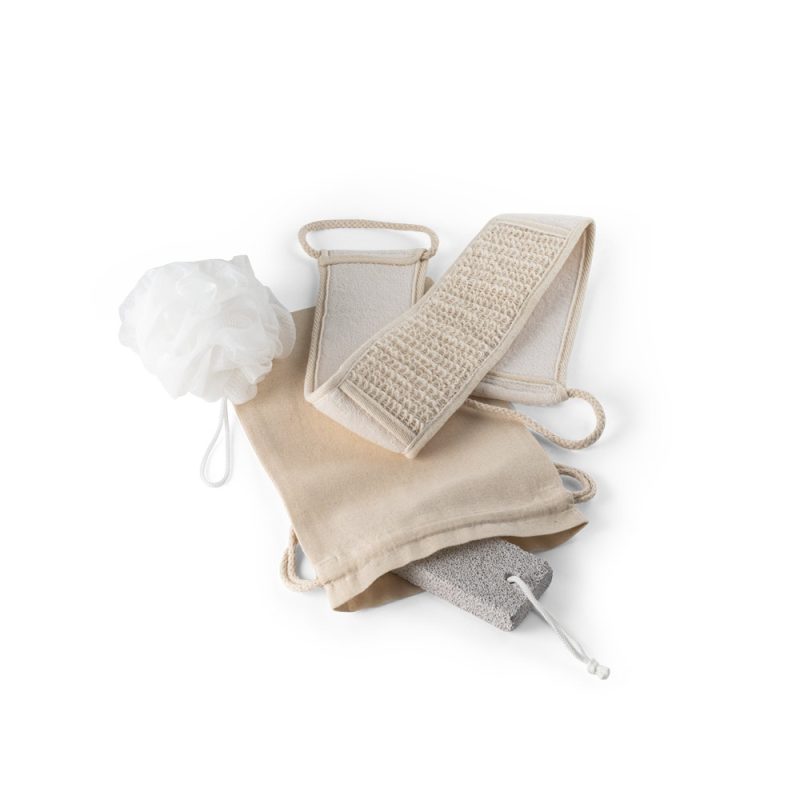 Bath accessories set with scrubber and loofah.