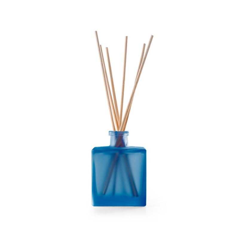 Blue glass diffuser with wooden reeds.