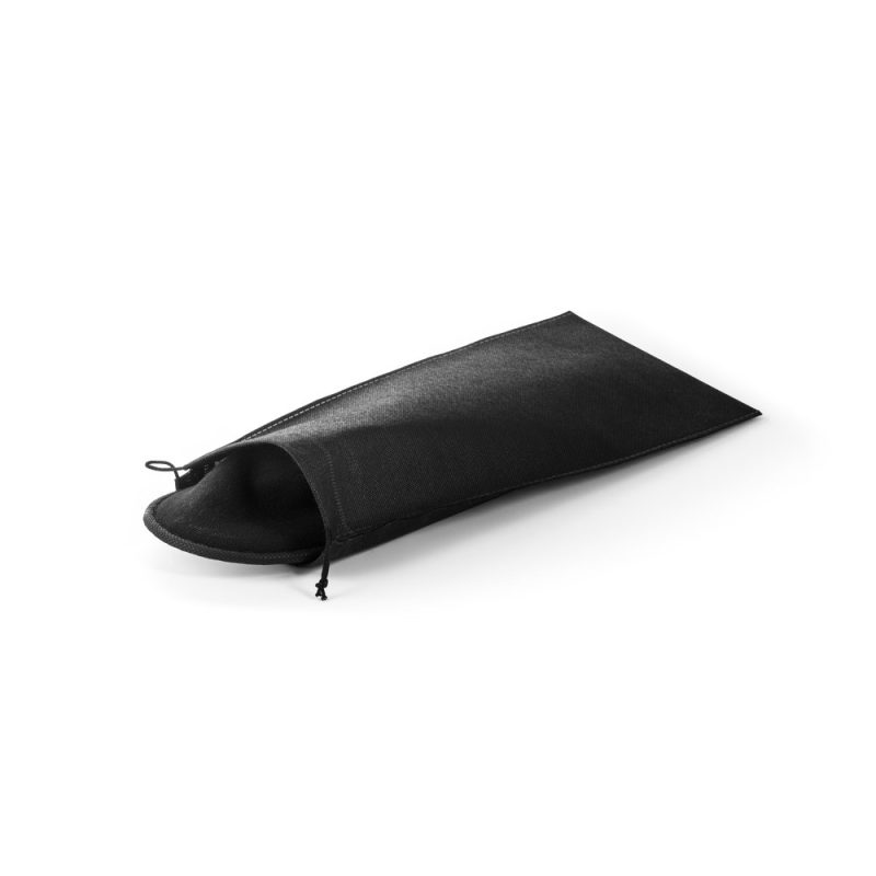 Black fabric drawstring pouch on white background.