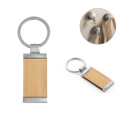 Rectangular metal and wood keychain with ring