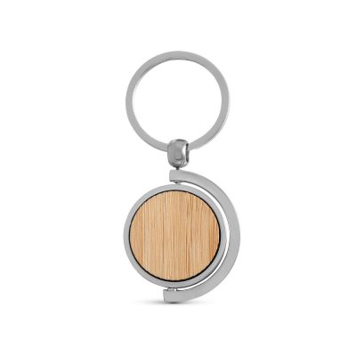 Round wooden keyring with silver metal accents.