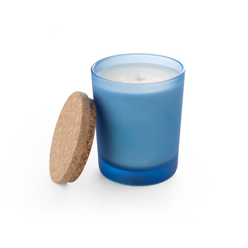 Blue glass candle with cork lid.