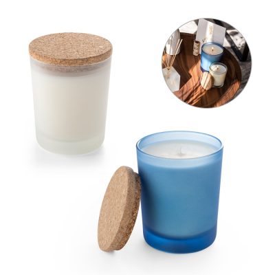 Scented candles in blue and white glass jars.