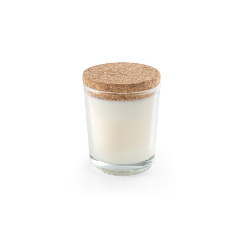 White candle in glass jar with cork lid.