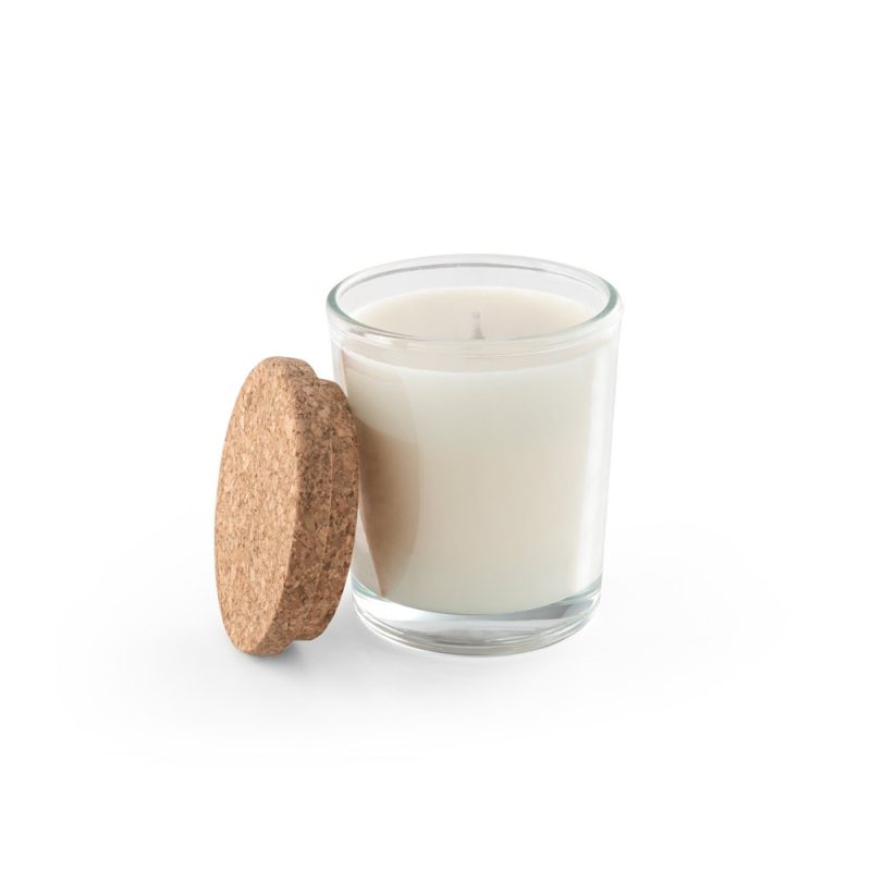 Scented candle in glass jar with cork lid.