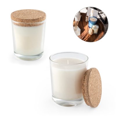 Scented candles with cork lids on display