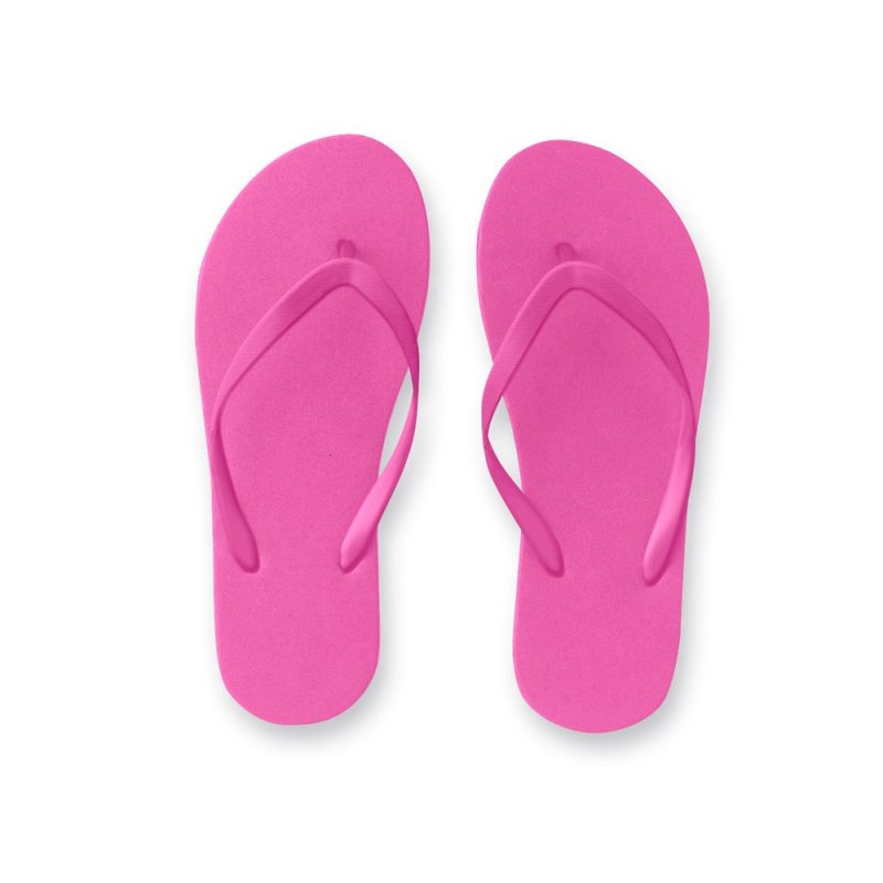Pink flip-flops on white background.