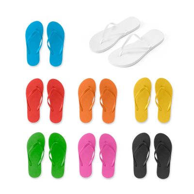 Nine pairs of colourful flip flops on display.