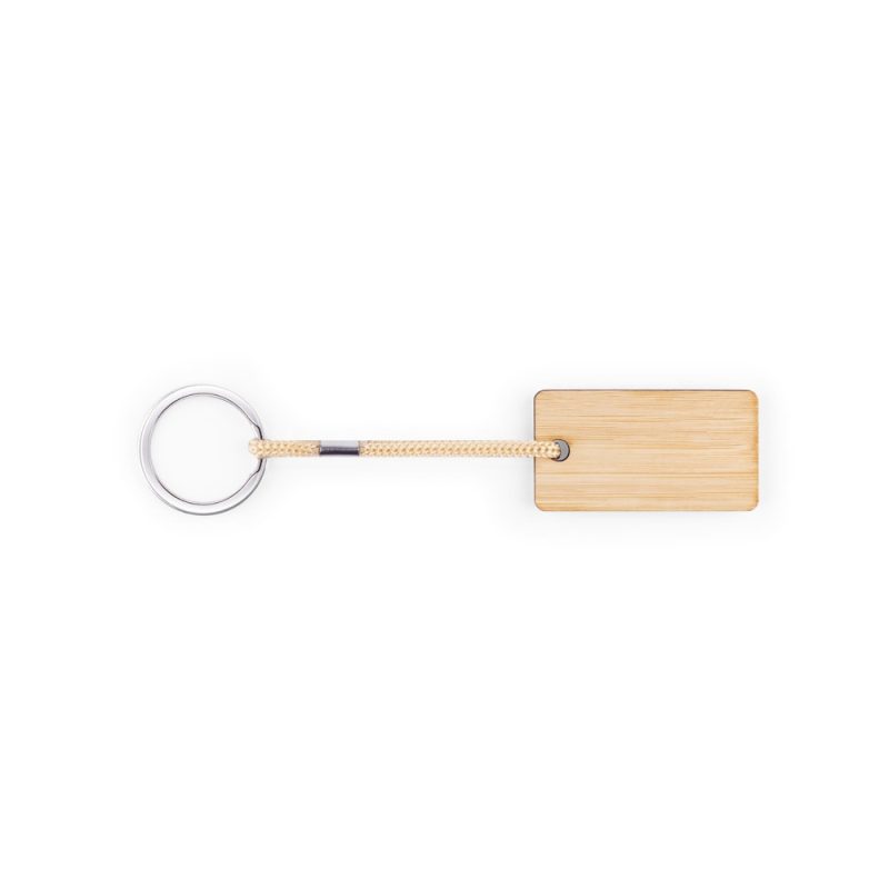 Wooden keyring with rope and metal keyring.