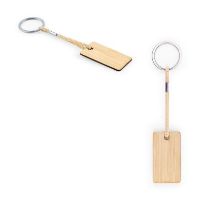 Bamboo keyring with rope loop and metal ring.