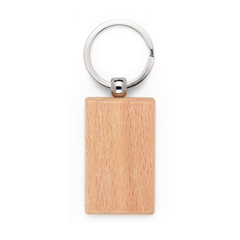 Rectangular wooden keyring with metal ring.