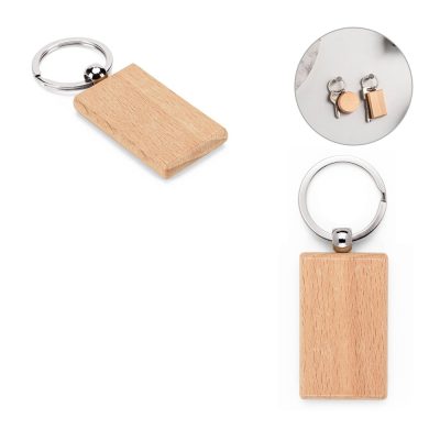 Wooden keyring with rectangular design, silver ring.