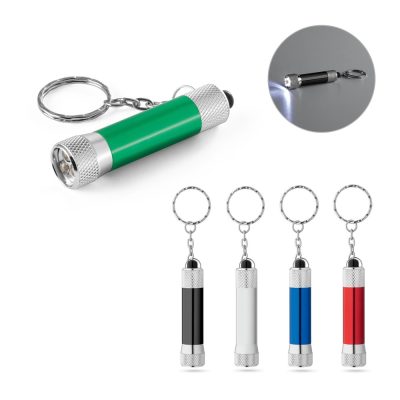 Coloured mini torch keyrings displayed in multiple views.