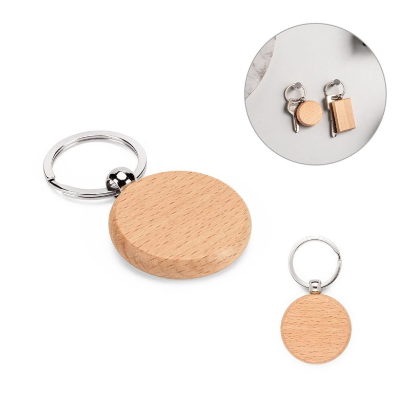 Round wooden keyring with silver ring