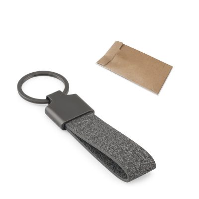 Grey fabric keyring with brown pouch
