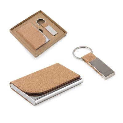 Cork and metal business card holder with keyring.