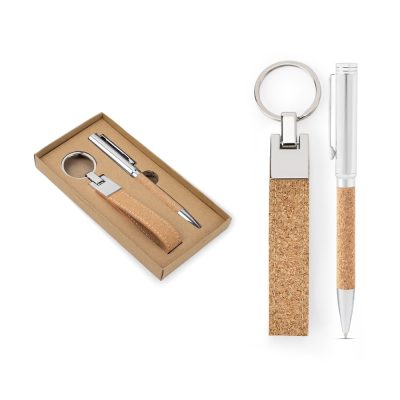 Cork pen and keyring gift set in a box.