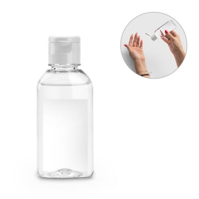 Transparent bottle of sanitiser being dispensed.