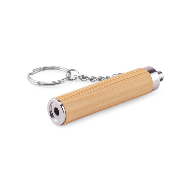 Bamboo keychain with metal chain and ring.