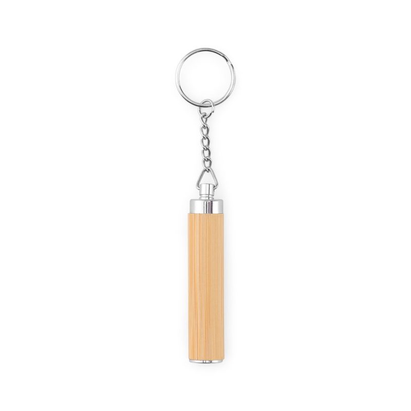 Bamboo cylinder keyring with metal accents.