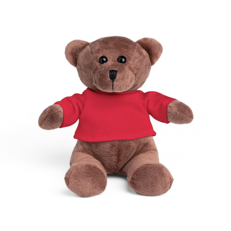 Brown teddy bear wearing red jumper.