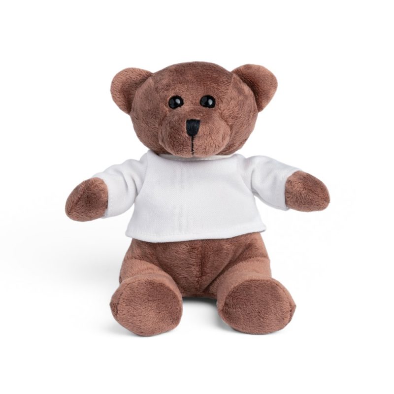 Brown teddy bear wearing white jumper on white background.