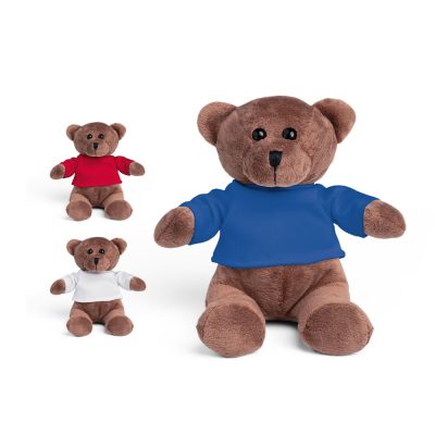 Three teddy bears with colourful shirts.