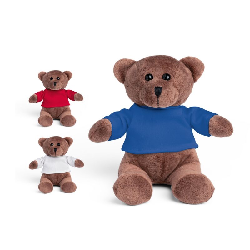 Three teddy bears with colourful shirts.