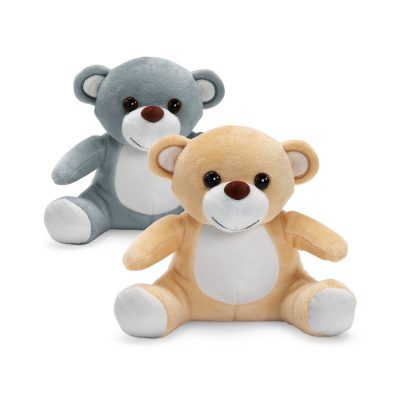 Two plush teddy bears, grey and beige.