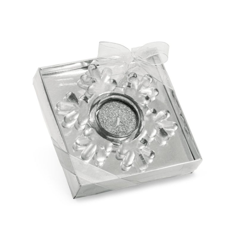 Silver snowflake candle holder in gift box.