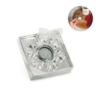 Snowflake candle holder in boxed gift set.
