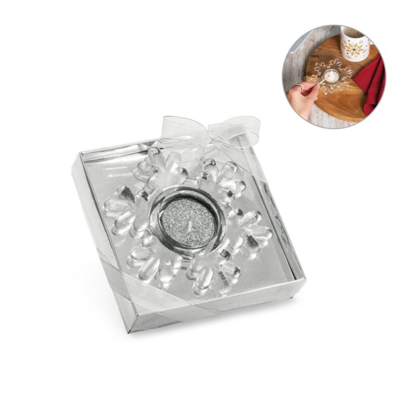 Snowflake candle holder in boxed gift set.