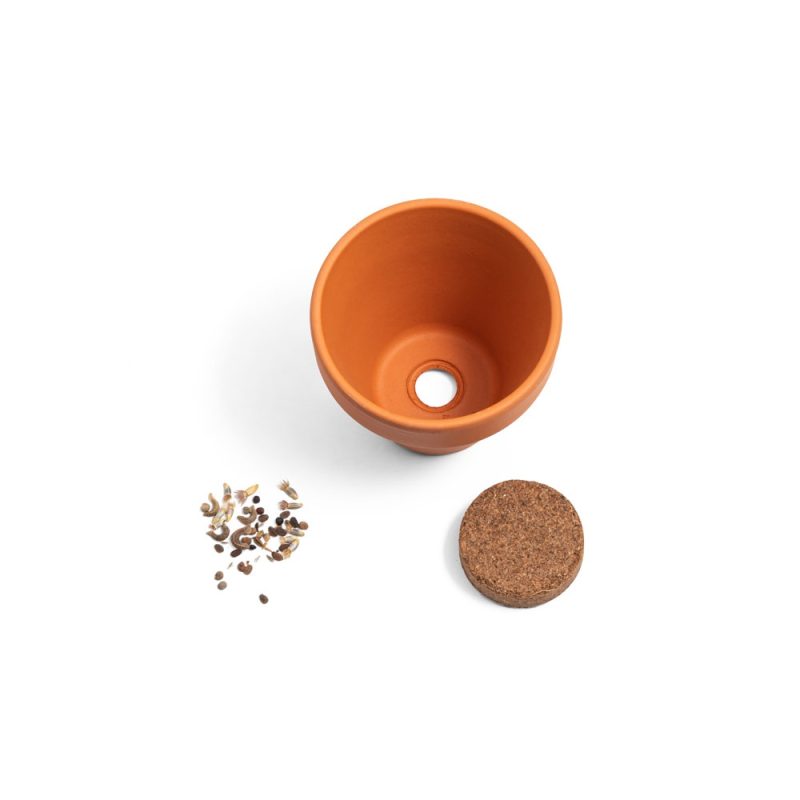 Terracotta pot, seeds, and cork on white background.