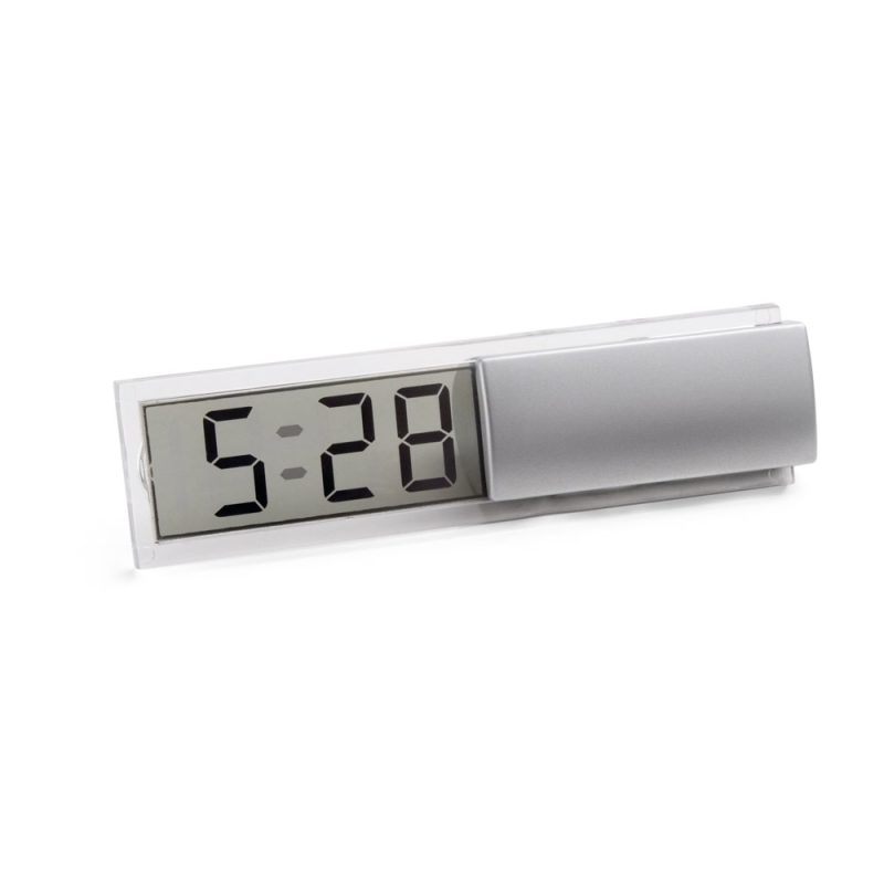 Digital clock displaying 5:28 with silver casing.