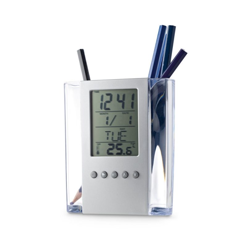 Digital desk clock with pen holder.