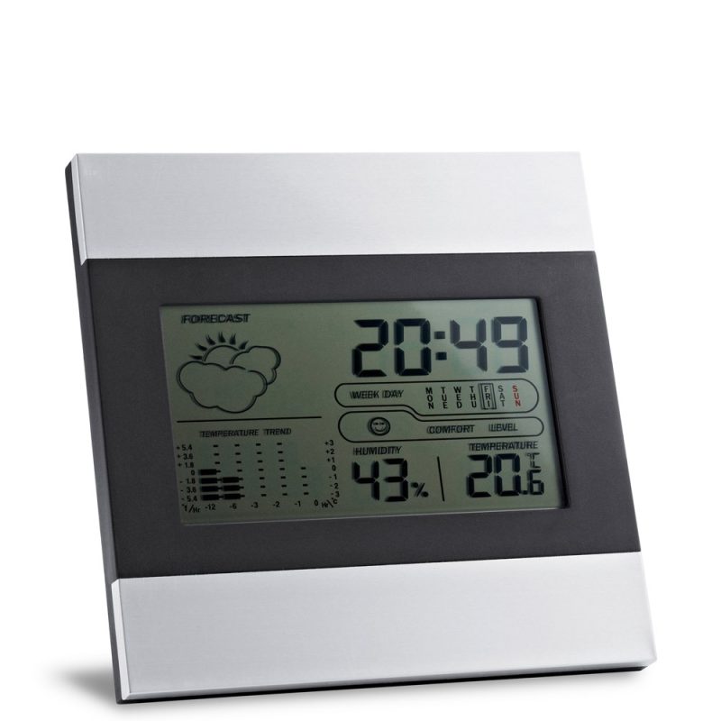 Modern digital weather station displaying time and temperature.