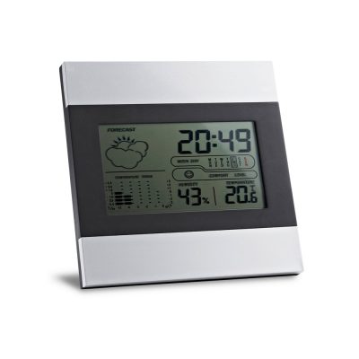 Digital clock with weather display and temperature.