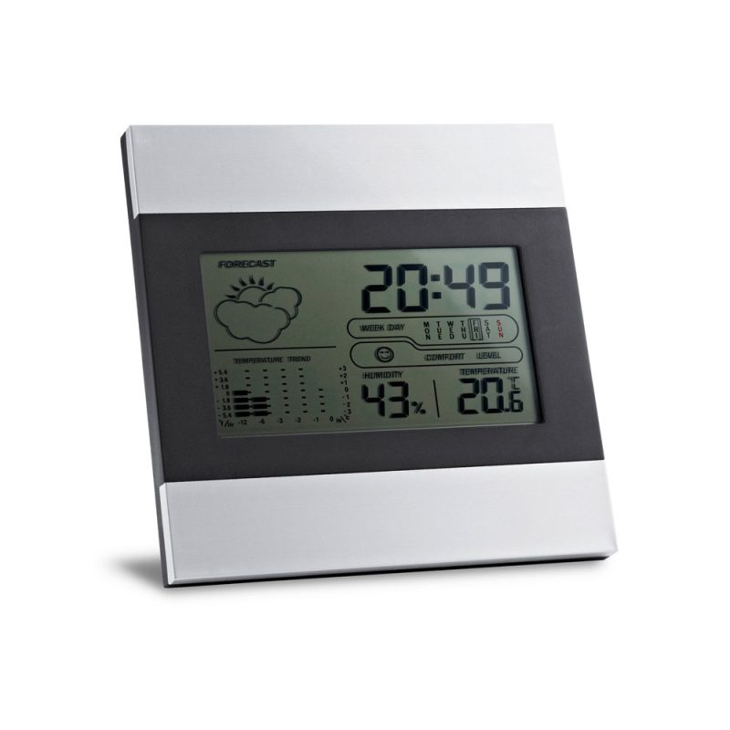 Digital clock with weather display and temperature.