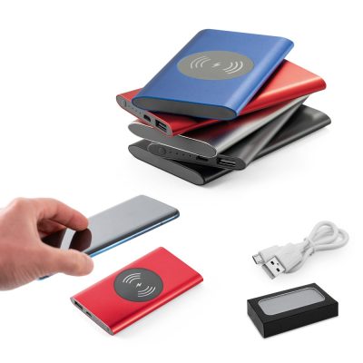 Portable wireless chargers in various colours and USB cable.