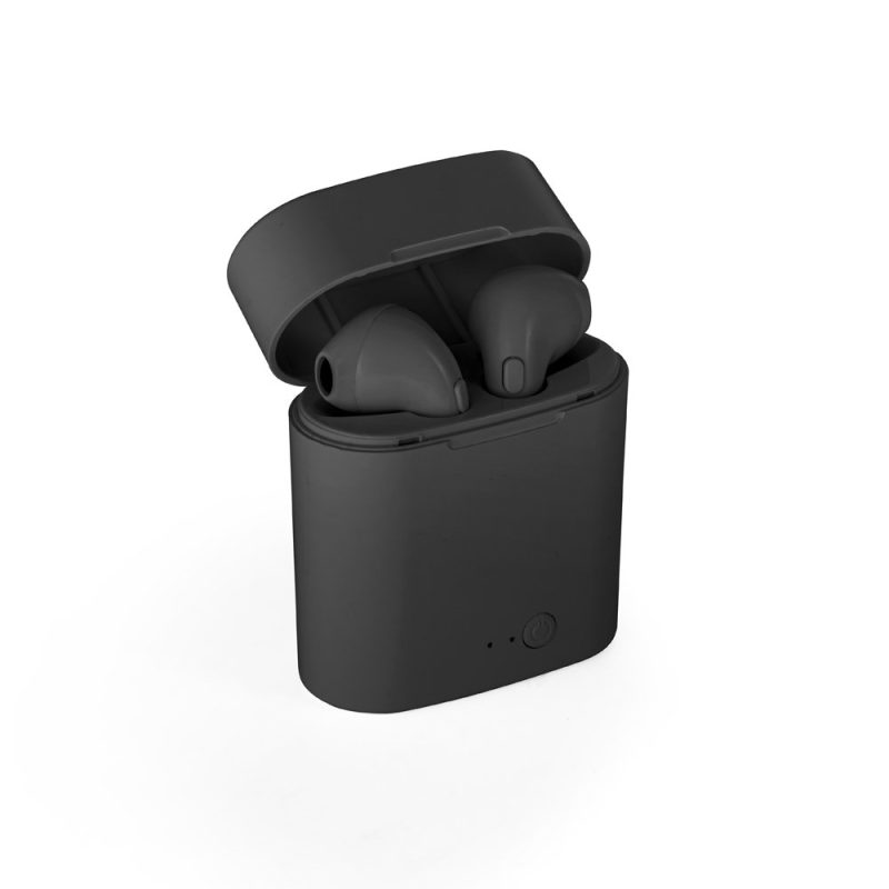 Black wireless earbuds in charging case.