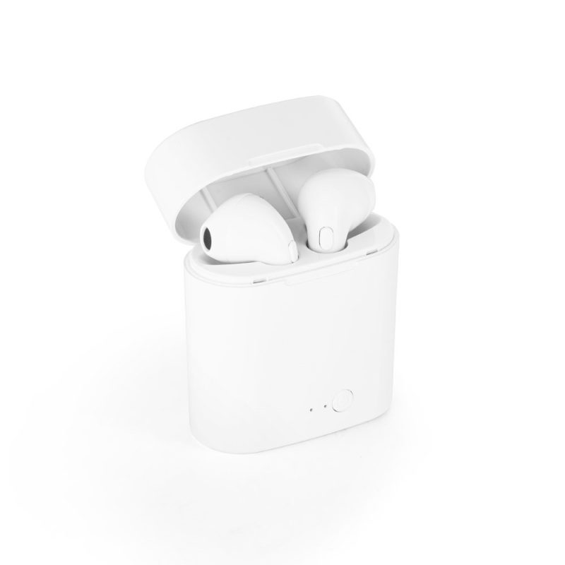 White wireless earbuds in charging case.